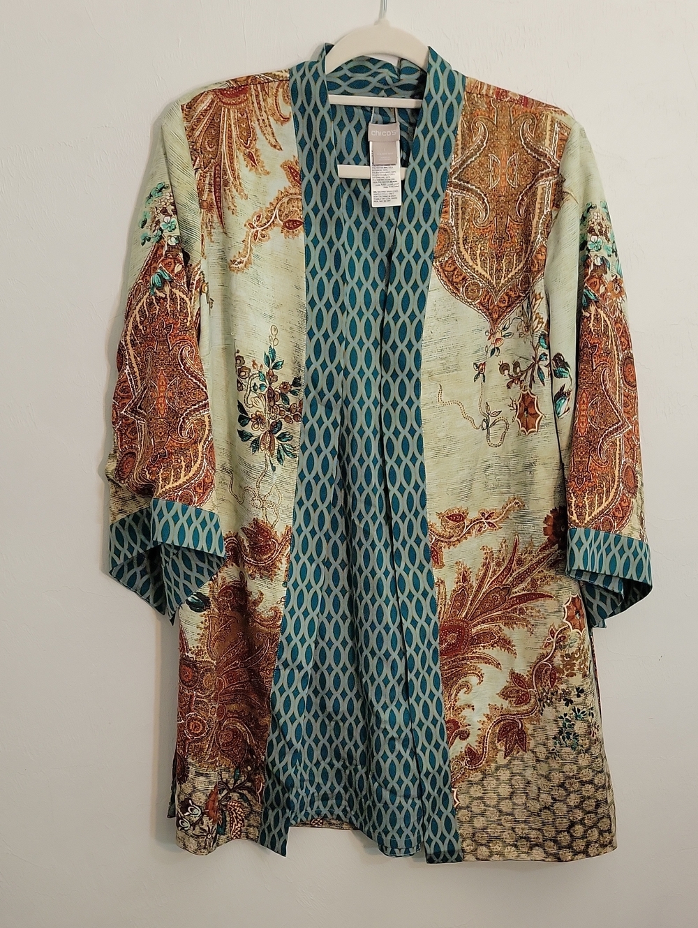 Chico's Mint & Rust Paisley Kimono Jacket- Reversible